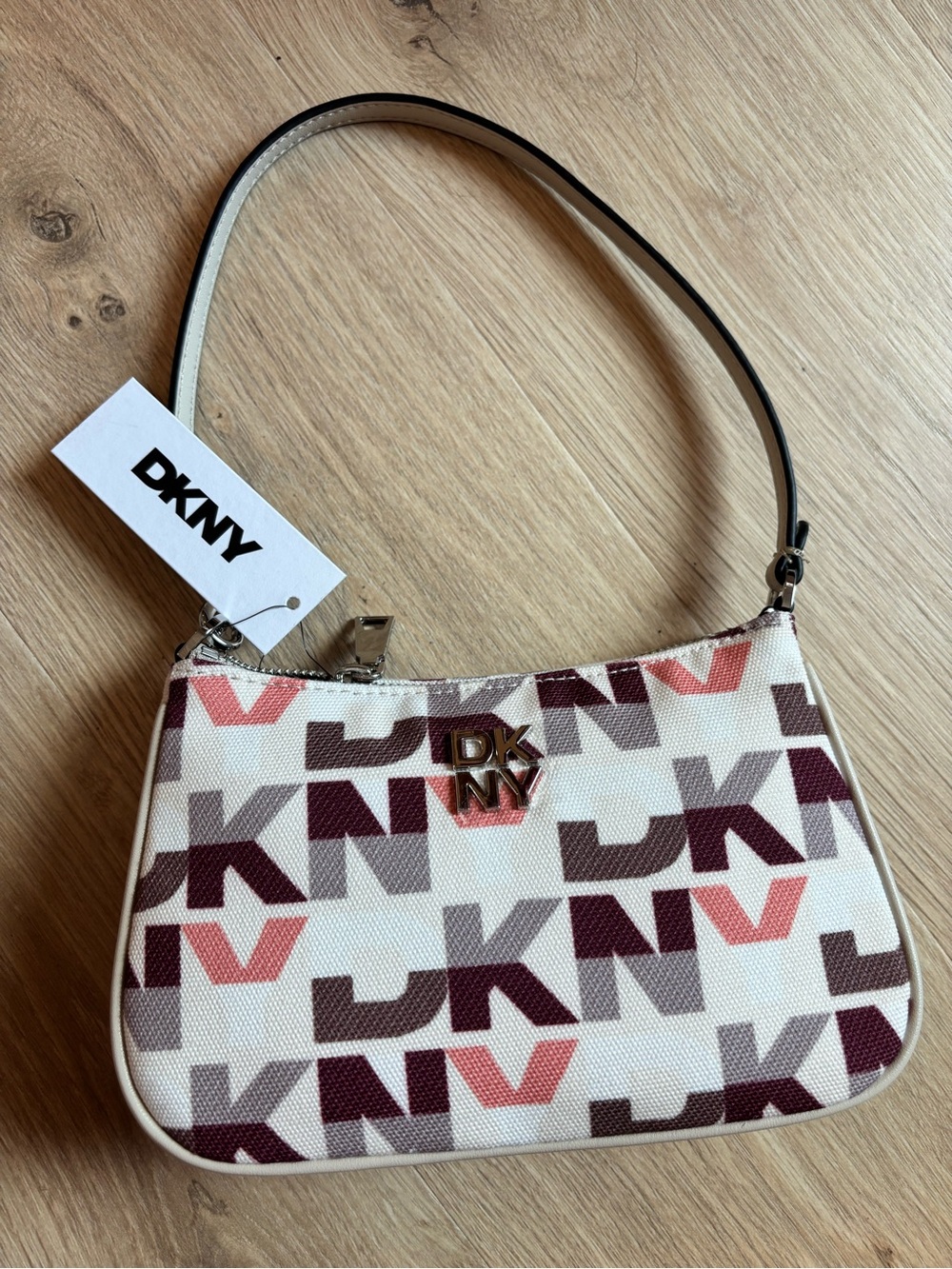 DKNY White Canvas Mini Shoulder Bag with Pink & Burgundy Logo Print